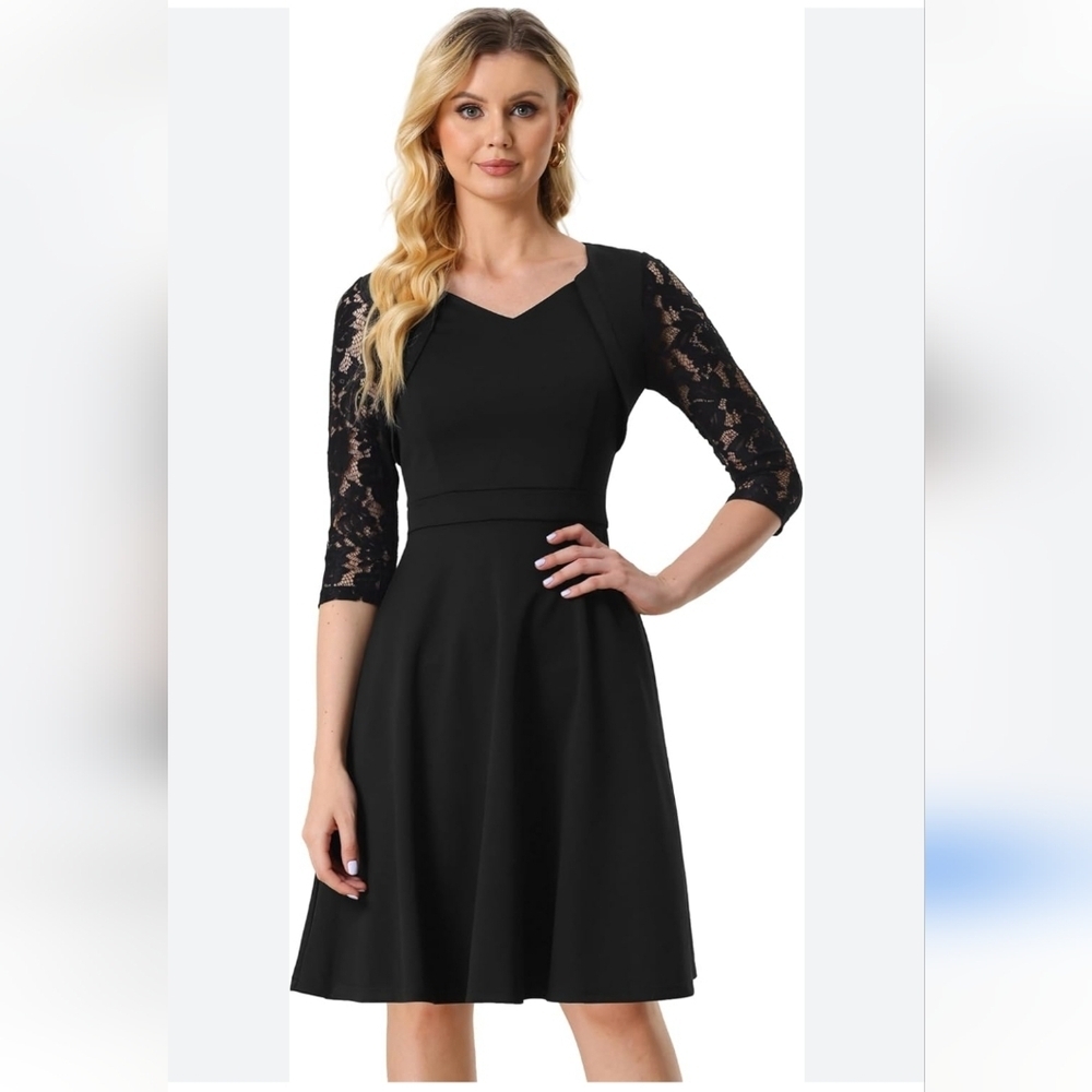 Allegra K 3/4 lace sleeve high waist midi cocktail dress. SZ.L NWT